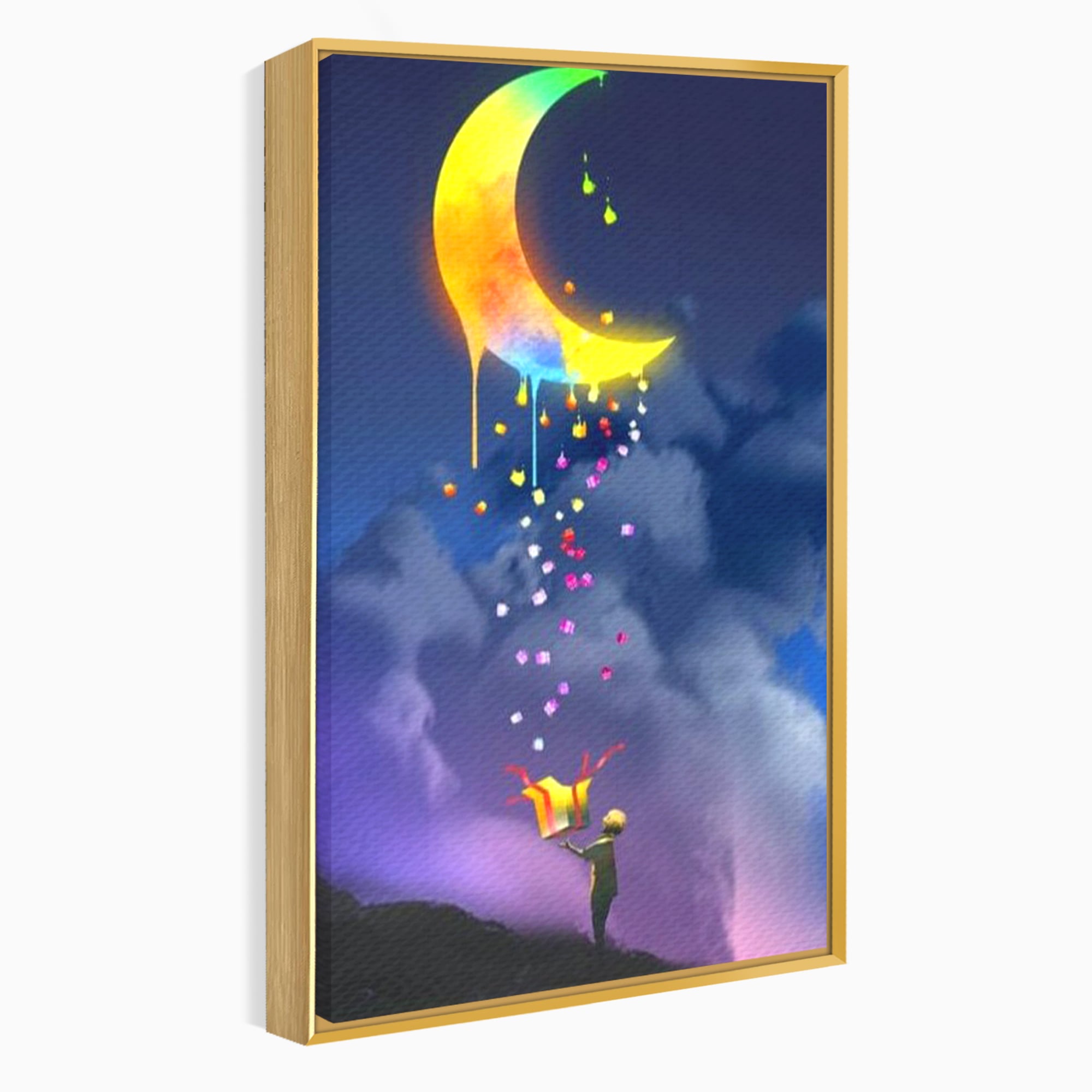 Tablou canvas cu ilustratie cu copil si luna curcubeu, in rama de aluminiu auriu